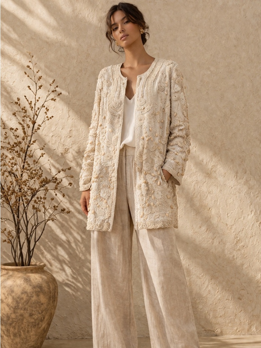 Vintage Judith Ann Beaded Silk Jacket Ivory Embroidered Oversized S Embroider